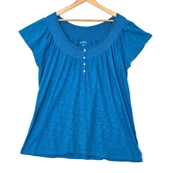 Eddie Bauer Womens XXL Teal Blue Smocked Button Short Flutter Sleeve Blouse Top - Picture 1 of 9